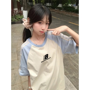 抖音得物品质二开240克宽松纯棉美式潮牌插肩三杠织带短袖T恤图片