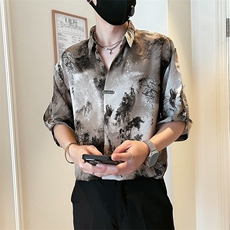 新中式风衬衫男短袖休闲痞帅水墨扎染衬衣新款男士夏装上衣，男装衬衫，星座506A