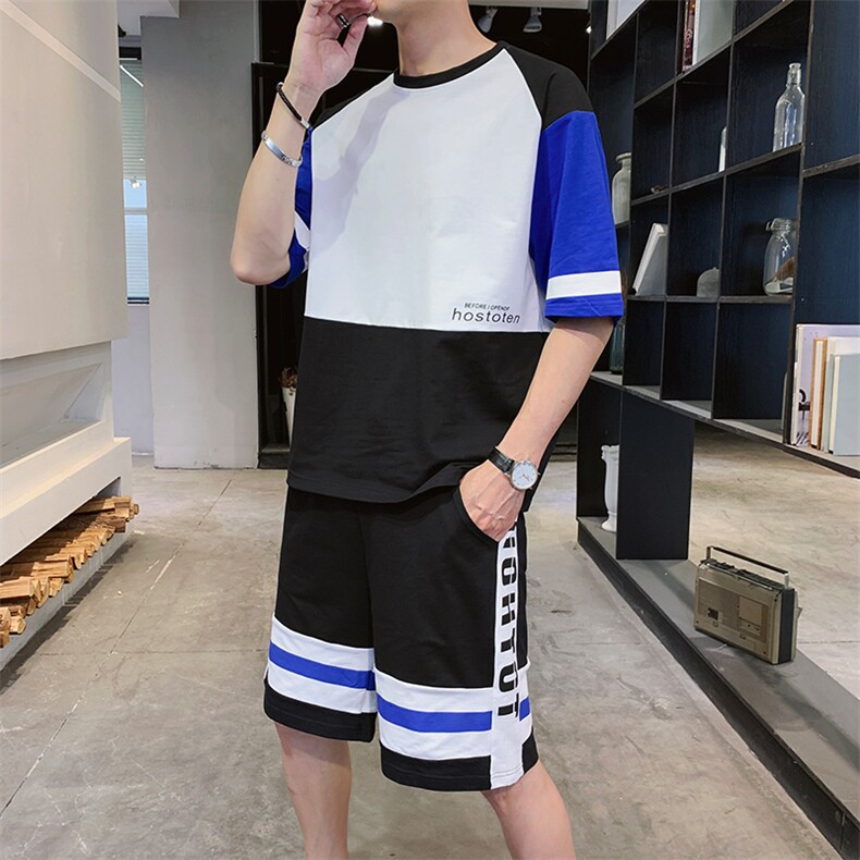 青少年新款夏季短袖短裤潮牌T恤套装男宽松圆领两件套F214P58，男装休闲套装，电商A086