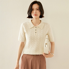 小baby山羊绒衫女春秋新款Polo领麻花短袖T恤显瘦毛衣针织打底衫，女装羊绒衫，纳丰羊绒