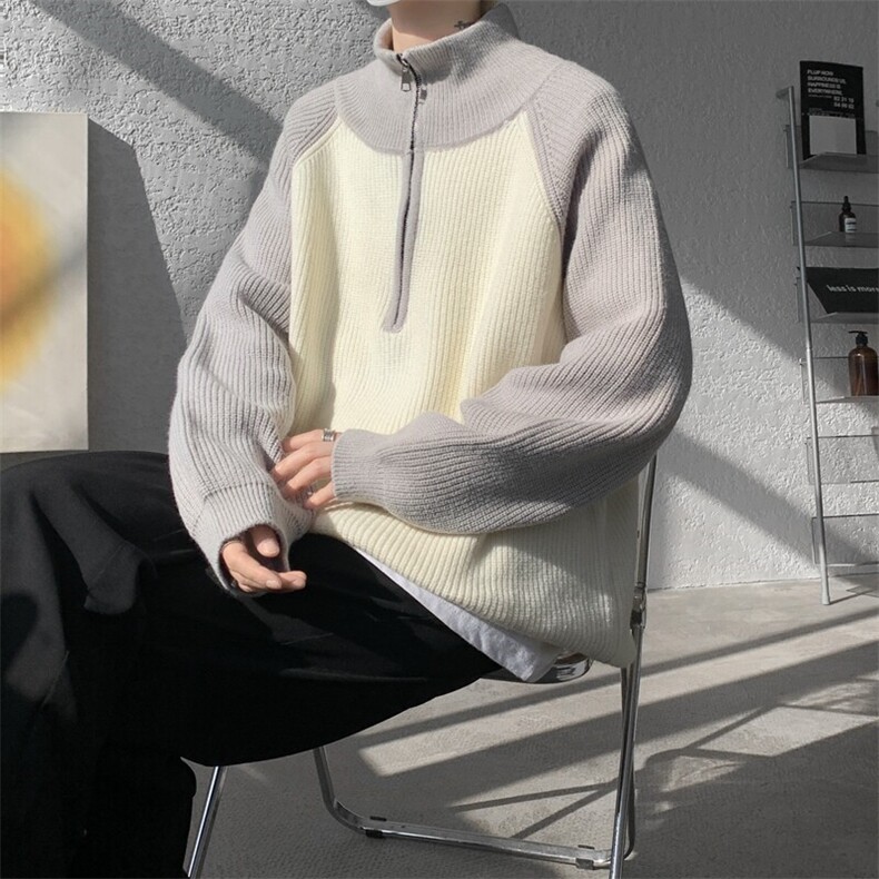 8XL-M撞色半拉链毛衣宽松慵懒风插肩袖大码针织衫外套MY1513/P75,男装针织衫/毛衣,电商B238