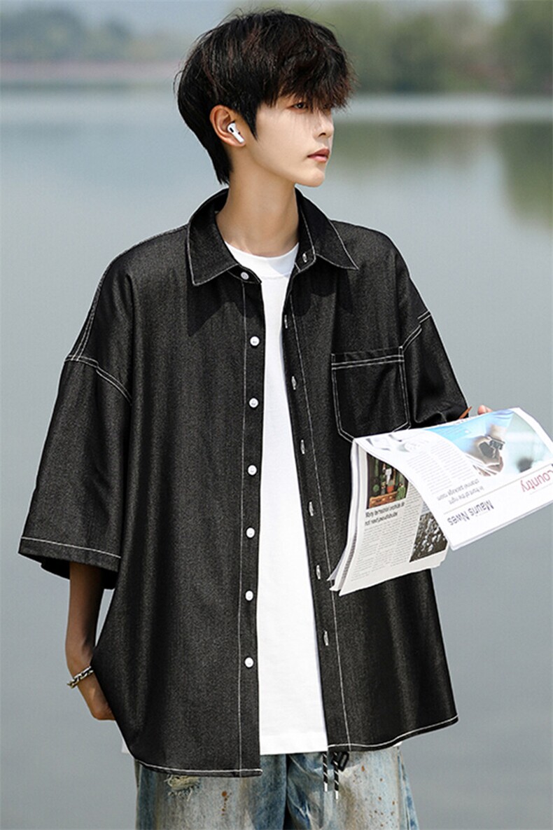 8XL-M冰丝牛仔短袖衬衫男款夏季薄款宽松慵懒衬衣外套DC28006P60,男装T恤,电商B312
