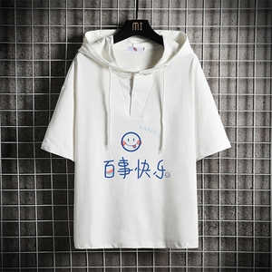 LD54183-P45 连帽短袖t恤男大码胖子带帽五分袖中袖 网格挂拍图片