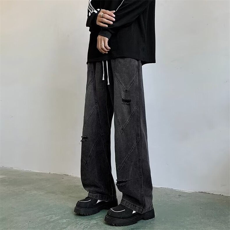 2024新款美式破洞牛仔裤宽松直筒做旧水洗痞帅男现货K8151-P47,男装牛仔裤,星座512-3