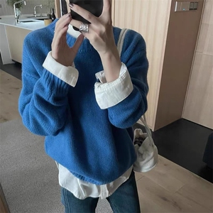 圆领羊毛衫女秋冬新款纯色针织长袖宽松打底羊毛衫图片