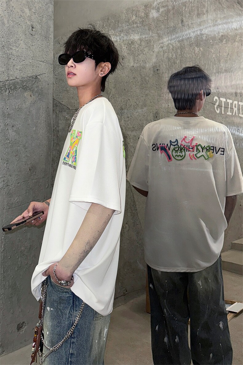 市场高端立体牙刷绣潮牌设计感冰丝短袖韩式潮流T恤半袖P55,男装T恤,电商B319