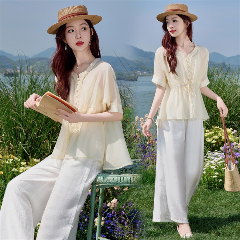高级感贵气天丝套装女2026夏季新款妈妈亚麻阔腿裤御姐两件套,女装套装/套裙,水衣源