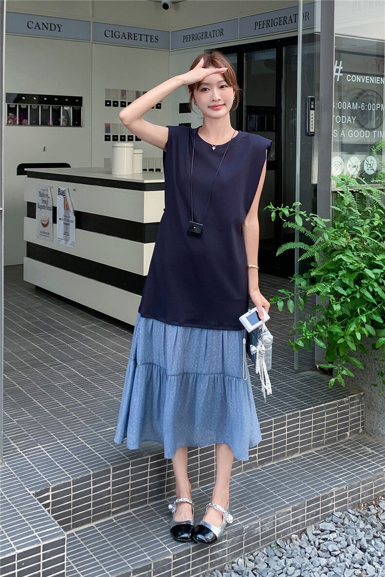 复古气质淡人设计感裙摆撞色连衣裙2025夏季法式休闲通勤风长裙潮,女装连衣裙,浙宝069
