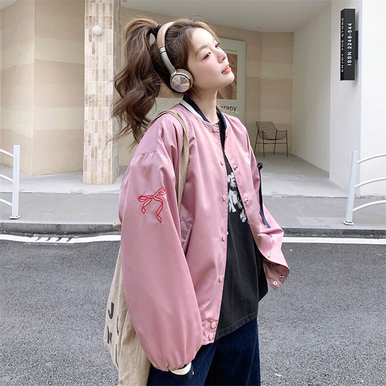 粉色蝴蝶结立领棒球服外套女2025年春秋季韩系学院风显瘦夹克上衣,女装短外套,2C198