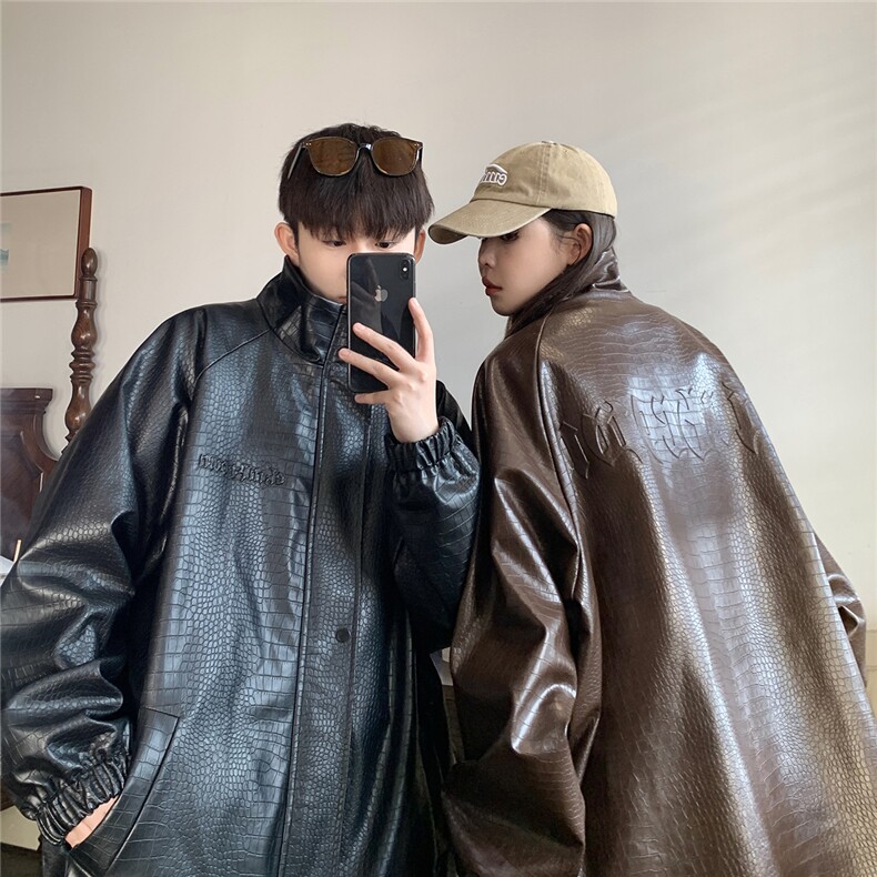 大码pu皮衣夹克钢印美式女复古oversize显瘦设计感情侣机车外套秋,男装夹克,星座226-2
