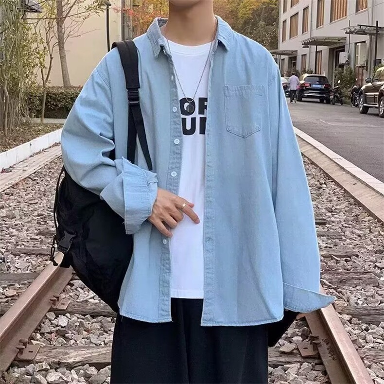 秋季港风复古牛仔衬衫男款潮牌宽松休闲工装衬衣外套口袋上衣服,男装衬衫,星座506A