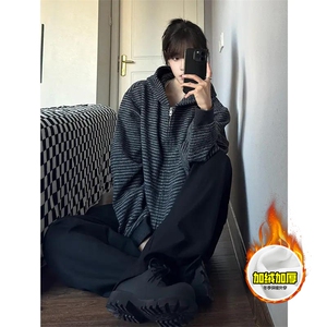 480G重磅加绒硬挺boxy 男女秋冬美式高街条纹毛呢卫衣开衫厚外套图片