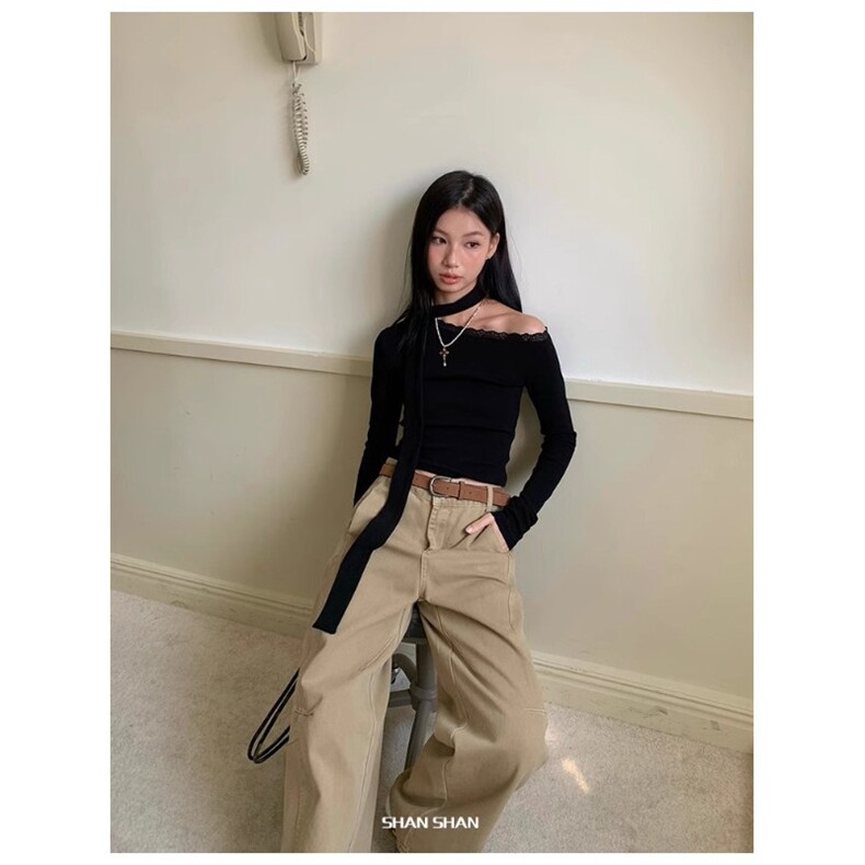 美式复古弯刀牛仔裤女高腰宽松设计感高街阔腿裤子秋季N10599-P58,男装牛仔裤,星座1008