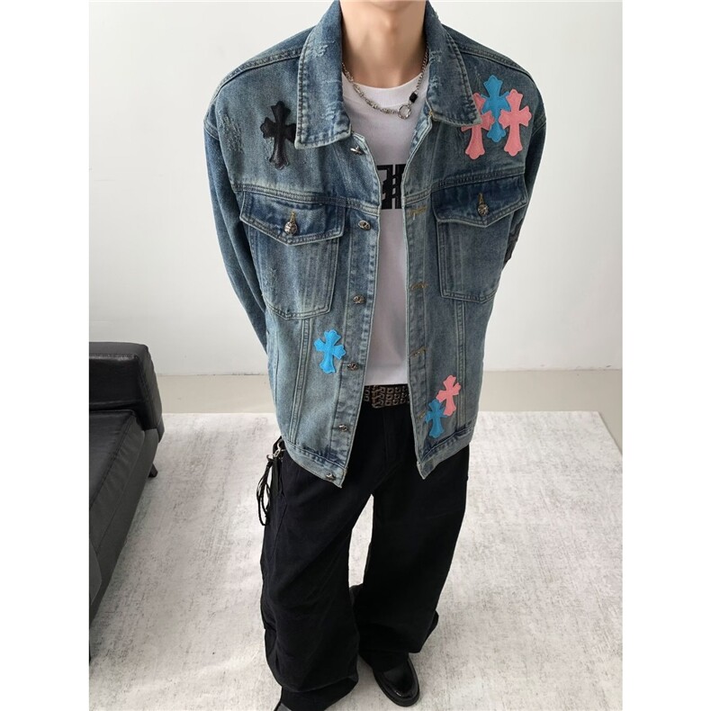 美式复古重工十字架牛仔外套男女春秋百搭休闲外套夹克HH1073P88,男装工装外套,星座1013-5