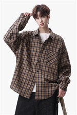 衬衫男春季新款港风宽松大码磨毛格子长袖衬衣CS510-P38，男装衬衫，星座214-3