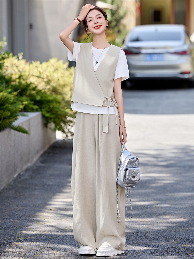 韩系减龄三件套女2026年夏季新款气质松弛感小个子短袖马甲阔腿裤,女装套装/套裙,拾衣