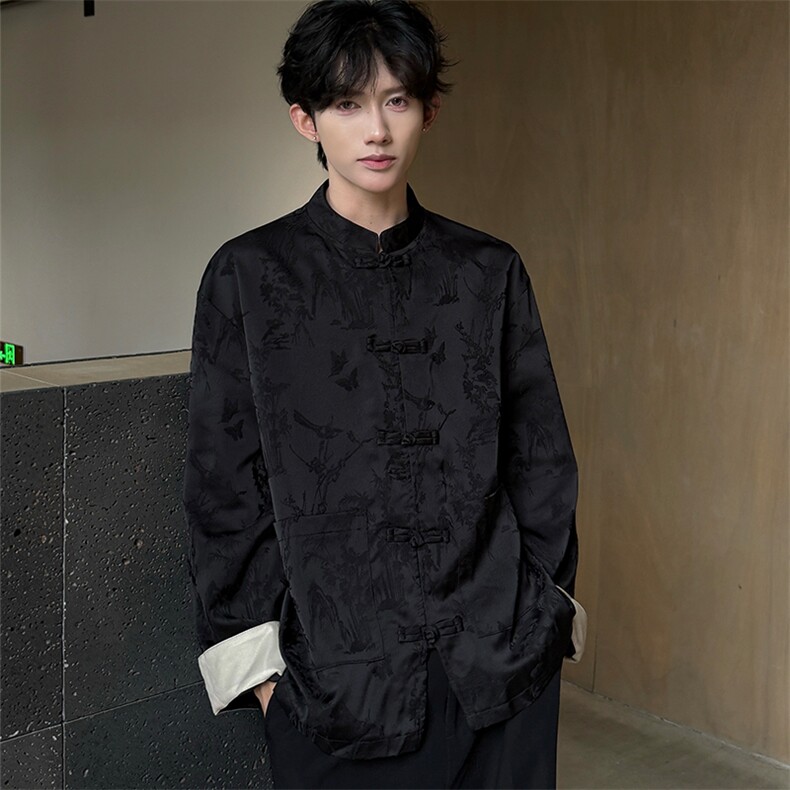 2025新款天丝新中式立领长袖翻袖撞色花鸟提花衬衫KS513-P85控98,男装衬衫,电商A021