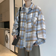 A838-P38格子衬衫秋季薄款ins潮流宽松长袖格纹衬衣男女同款外，男装衬衫，星座512-6