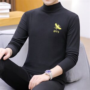 冬季半高领双面绒刺绣蜜蜂卫衣男加绒加厚保暖打底衫长袖灰330P28图片