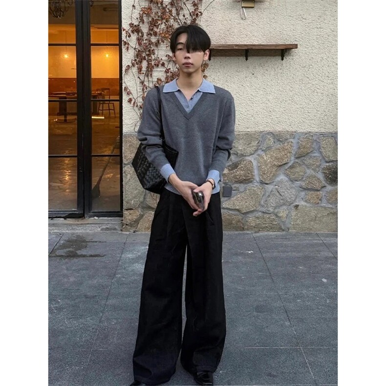 美式复古假两件毛衣男款秋冬高智感拼接衬衫领针织衫老钱风polo衫,男装针织衫/毛衣,电商D256