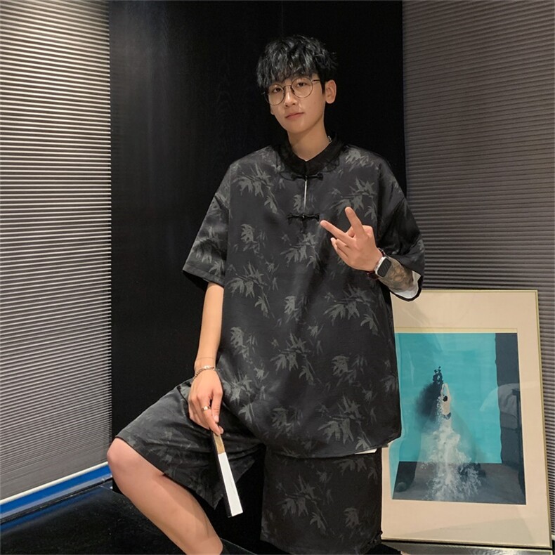 量大优供视频新风竹叶印花冰丝短袖短裤套装男TZ2404-特P50,男装休闲套装,电商A028