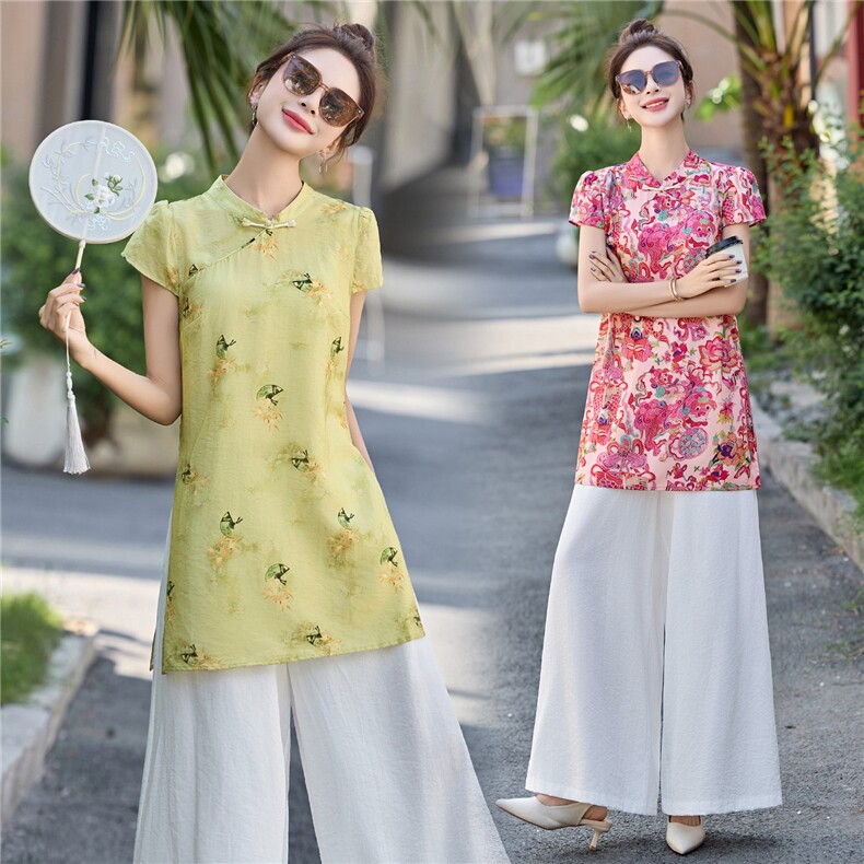 新中式国风绿色印花上衣套装女夏新款高级感别致白色阔腿裤两件套，女装套装/套裙，贵人树