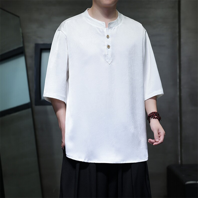 夏季醋酸缎面立领垂感短袖风新中式五分袖半袖大码T恤T815P55，男装T恤，电商A021A