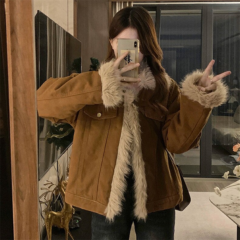 复古羊羔毛牛仔外套女羊羔绒宽松加绒棉衣休闲冬款棉服C652-130,男装工装外套,星座911-2(原星座613-2）