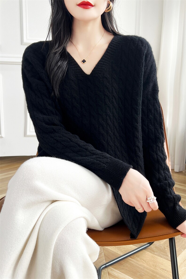 女V领羊毛衫2024秋冬新款中长款宽松大码慵懒风加厚,女装羊毛衫,蒙特羊绒