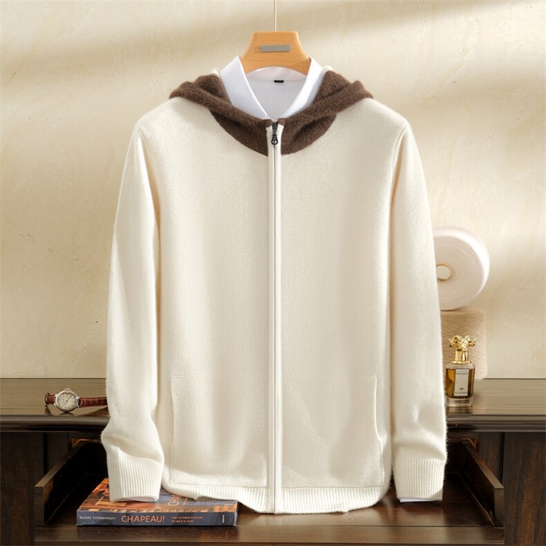 2025年秋季青春流行长袖加厚撞色开衫连帽，男装羊绒开衫，雪贝坊一店