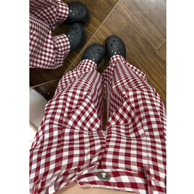 美式红色格子休闲裤女2025新款夏季薄款宽松直筒阔腿显瘦拖地裤子,男装休闲裤,星座506A