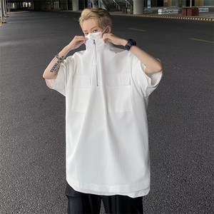 高级感半拉链短袖男款日式复古口袋设计衬衫 P32图片