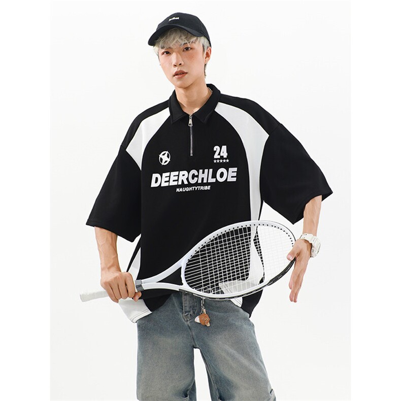 405A高街美式翻领半拉链设计感印花polo短袖T恤T2533-P45控68,男装T恤,星座405A