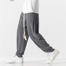 夏大码风棉麻亚麻裤哈伦日系宽松休闲直筒阔腿裤薄K198/P55，男装休闲裤，钱塘713