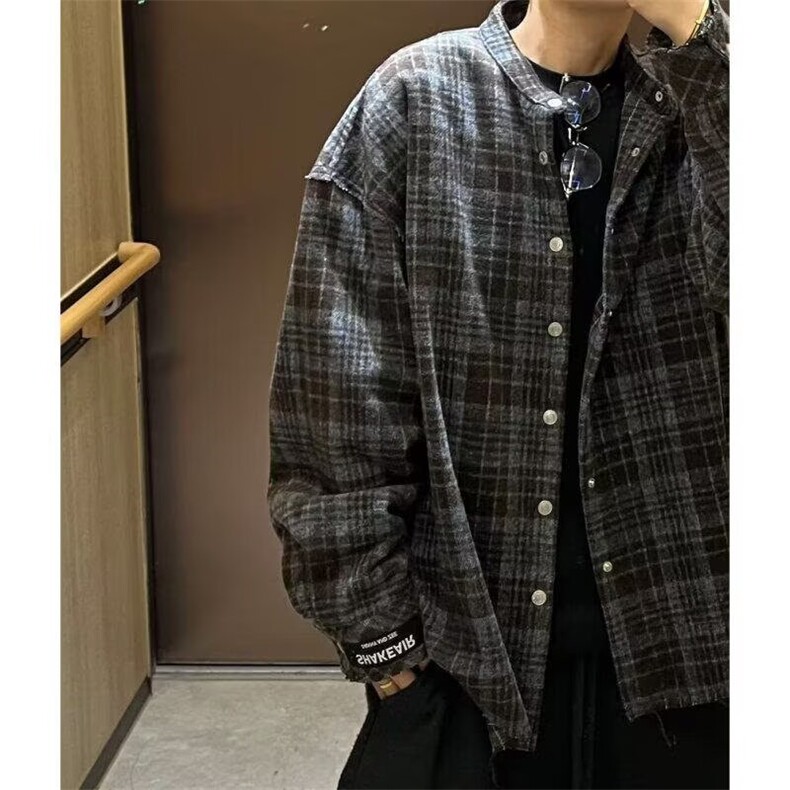 格子衬衫男长袖港风痞帅外套日系复古潮牌工装衬衣513ACS2384P48,男装衬衫,星座513A