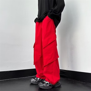 美街头机能红色工装裤男女潮牌高街多口袋阔腿宽松长裤EK65-P35图片