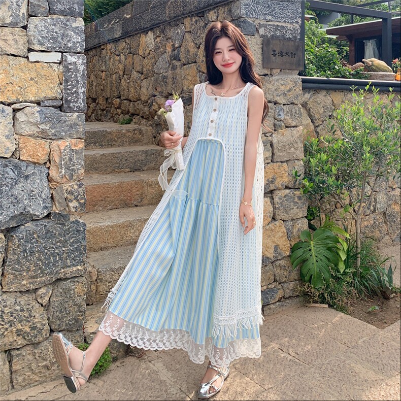 蓝色条纹吊带连衣裙女2025夏季新款法式度假风镂空罩衫长裙两件套图片