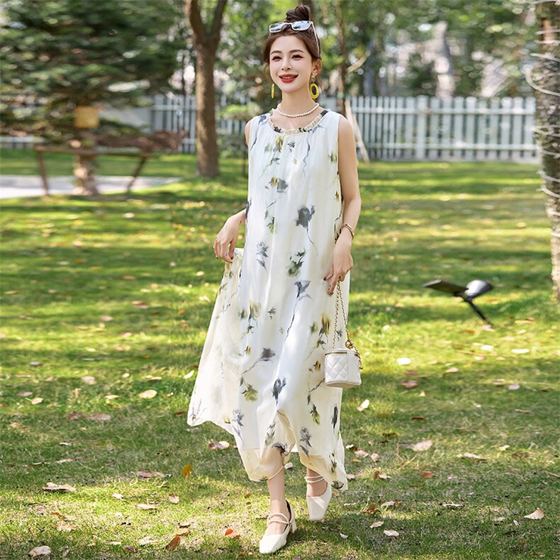 PINKWIN2025夏季新款真丝无袖花卉连衣裙女高级感桑蚕丝度假长裙，女装连衣裙，诺蝶