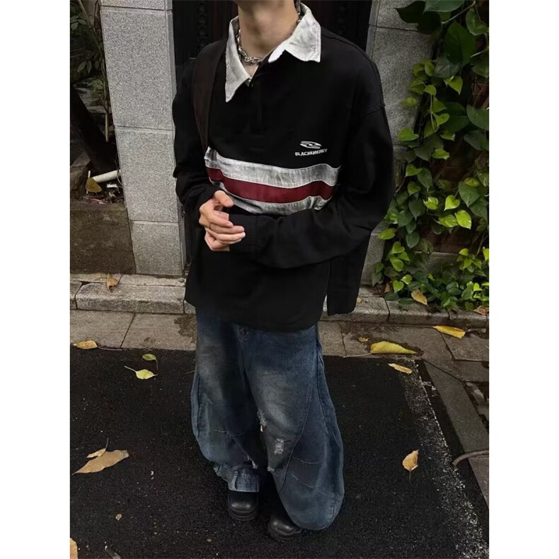 流行日系百搭气质撞色polo领卫衣男情侣宽松外套慵懒W42,男装T恤,星座1116A（原606A-3）