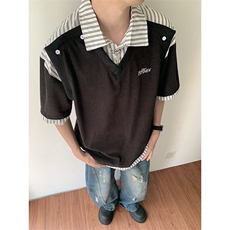 条纹衬衫拼接假两件短袖T恤男女同款夏季学院风宽松休闲翻领半袖，男装T恤，星座410-6（原星座1304-1）