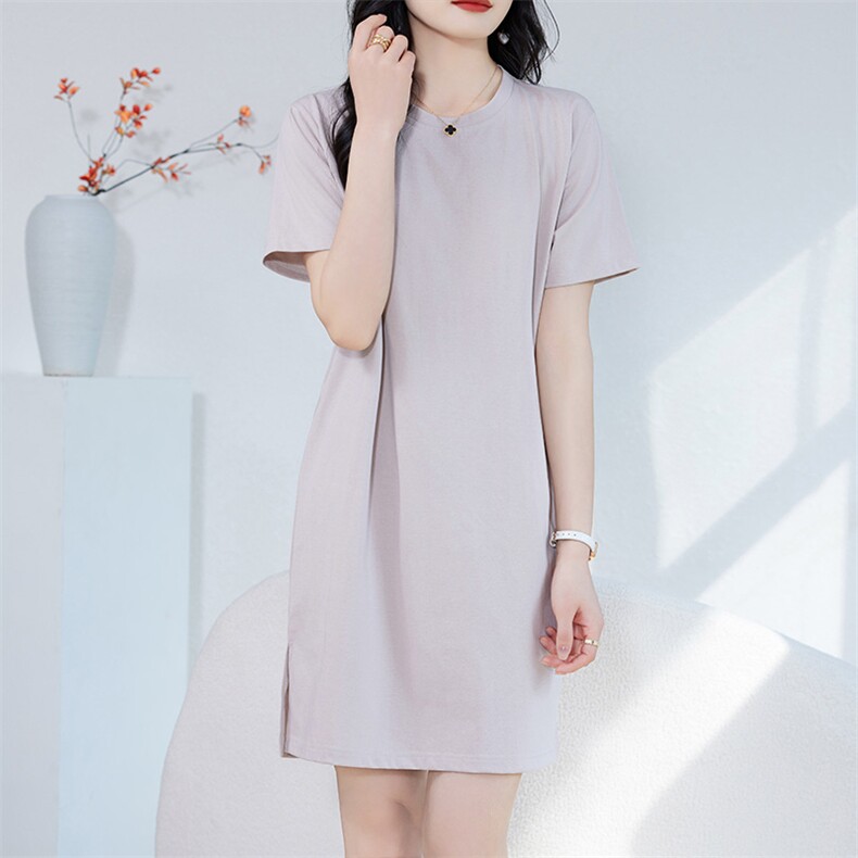 黑色T恤女长款长下摆半袖基础百搭夏季圆领丝光棉上衣，女装T恤，赛冬羊绒