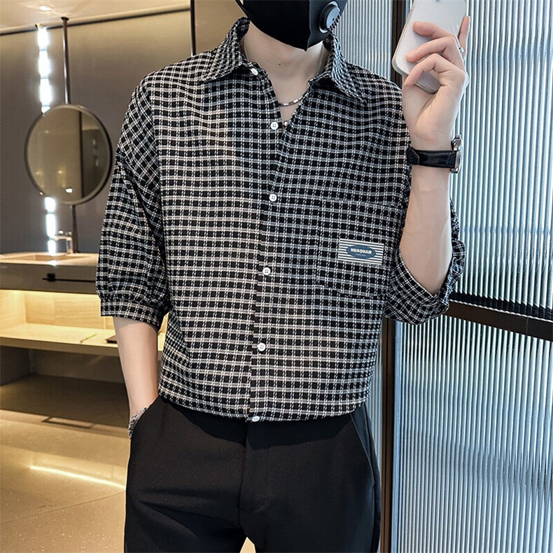社会小伙2025春季新品衬衫男士格子衬衫七分袖打底衫901C02P58,男装衬衫,星座901