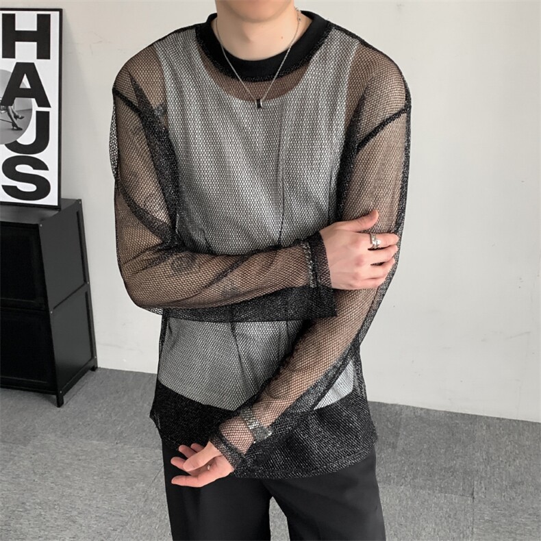 透明防晒长袖t恤男薄款发型师潮牌男装2025新款夏装擦边男模衣服图片