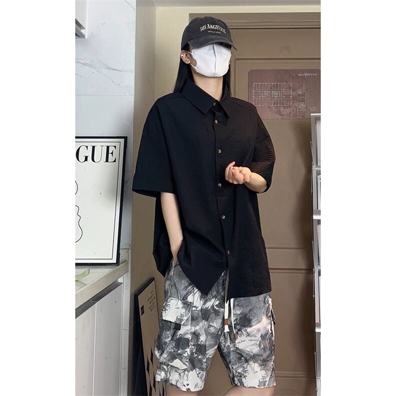 美式潮牌褶皱肌理短袖衬衫男百搭小众通勤衬衣DC2227-特价P30,男装T恤,电商A007