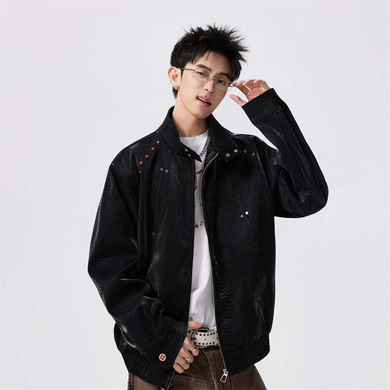 质感拉满高级感蟒蛇纹理感立领短款宽松痞帅皮衣夹克P115控229，男装夹克，星座216-1