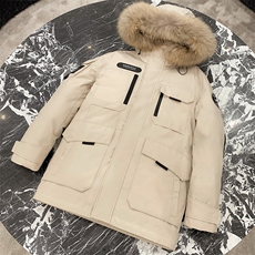 主推情侣装中长款貉子毛领羽绒服男女青年学生加厚羽绒服大衣，男装羽绒服，钱塘723
