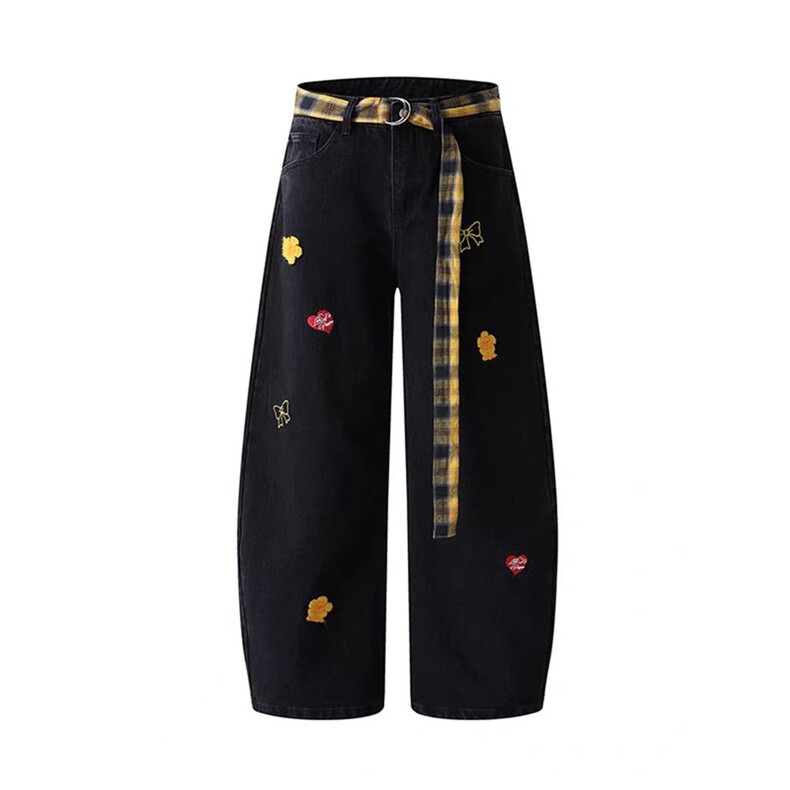 秋季牛仔裤女潮牌创意植绒花朵格子腰带直筒垂感阔腿裤LA3566-P50,男装牛仔裤,星座1008
