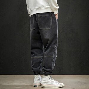 2021春季新日系大码男束脚字母印花破洞拼接九分牛仔裤N8102-P55图片