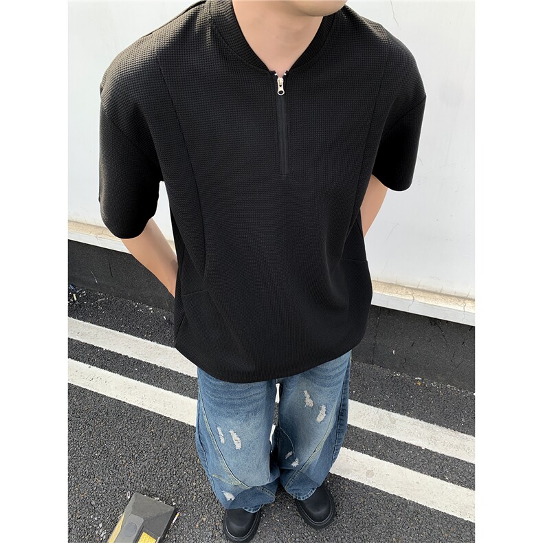 港风V领2025夏季新款男装华夫格宽松短袖T恤大码拉链衫S411特P20图片