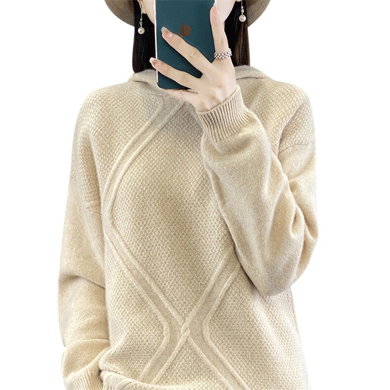 时尚百搭女士羊毛连帽衫修身显瘦大菱形立体花纹毛衣,女装羊毛衫,开创羊绒